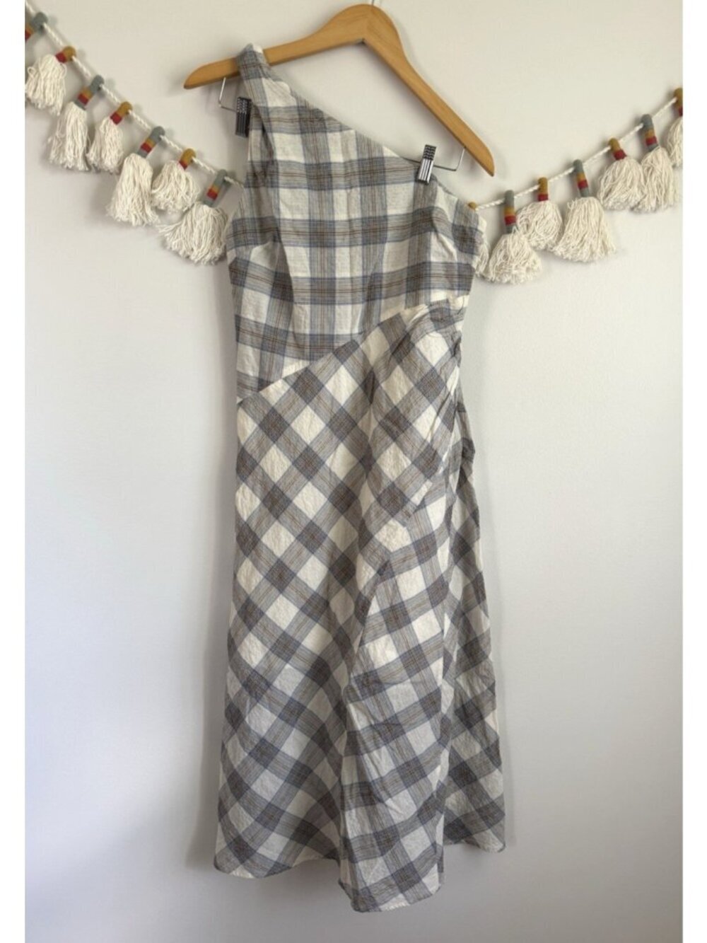 MNG Checkered Plaid Asymmetric One Shoulder Midi Dress Academia Preppy Boho 6